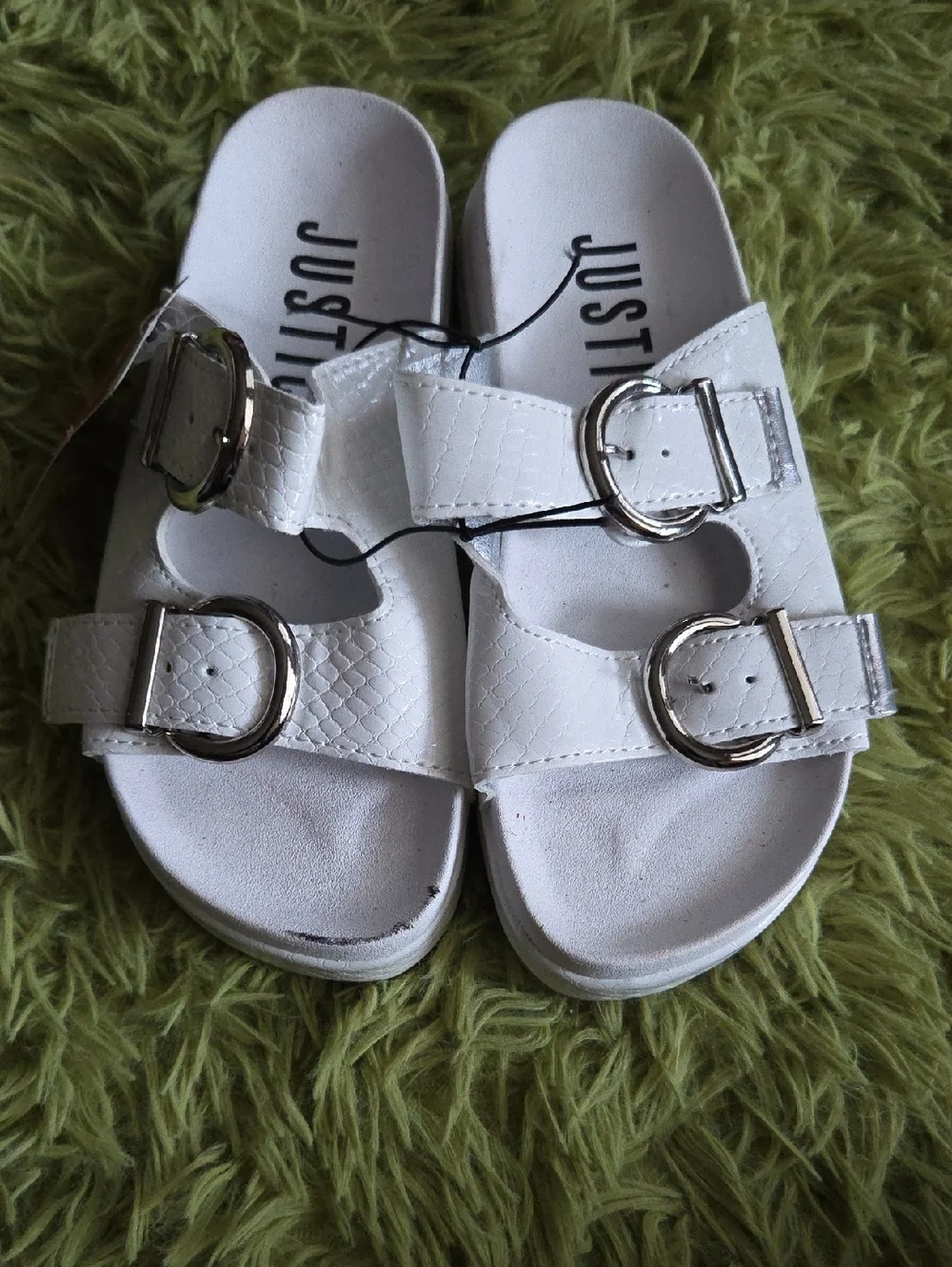 Justice White Girls' Double‎ Buckle Slide Sandals with Silver Hardware